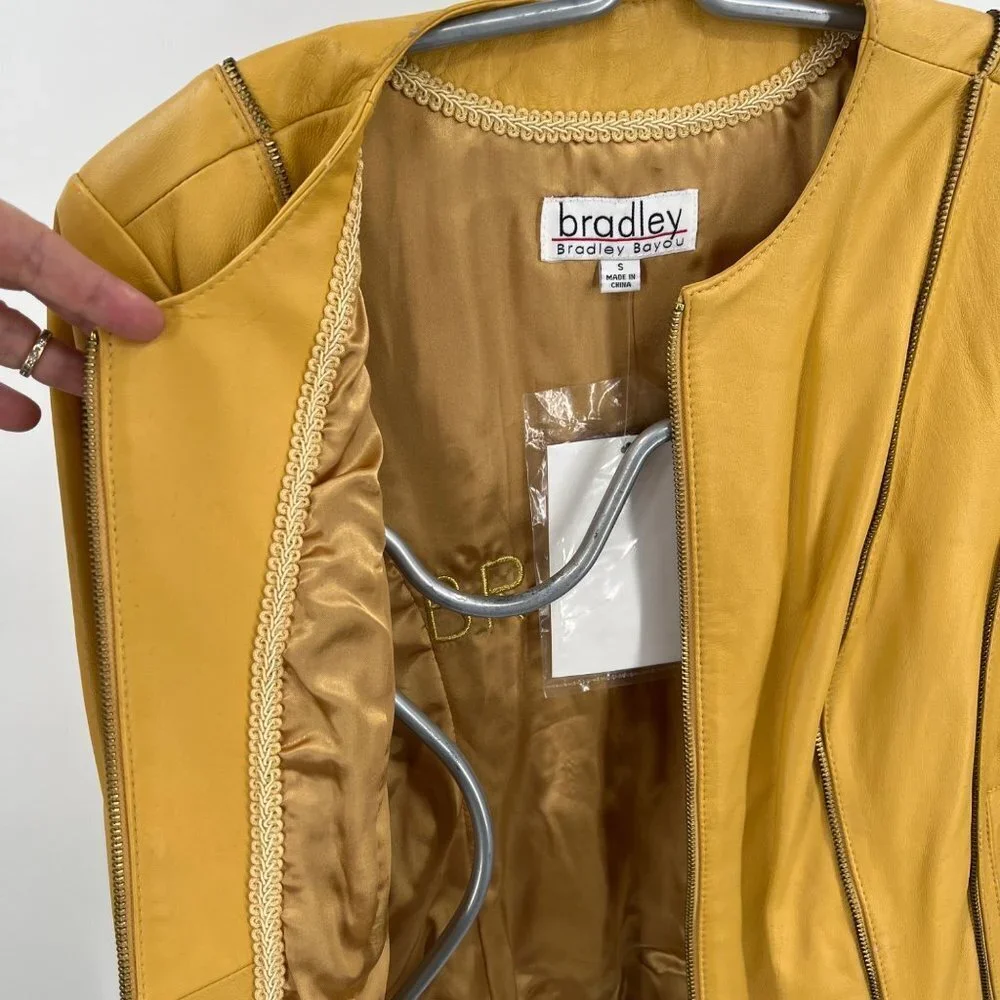 Vintage Bradley Bayou Butter Yellow Leather Jacket with Zipper‎ accents Size S - Picture 9 of 14
